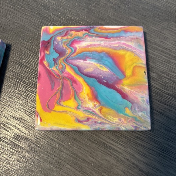 Acrylic Pour Painted Square Wood With Epoxy Resin  Coasters Set Of 4 - Picture 3 of 6
